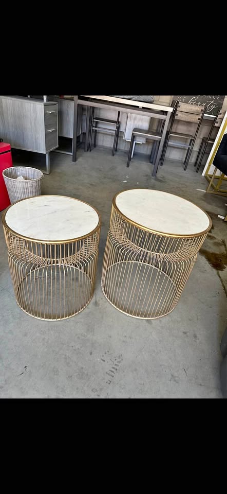 Pair of Wicker Base Side Tables with Marble Tops