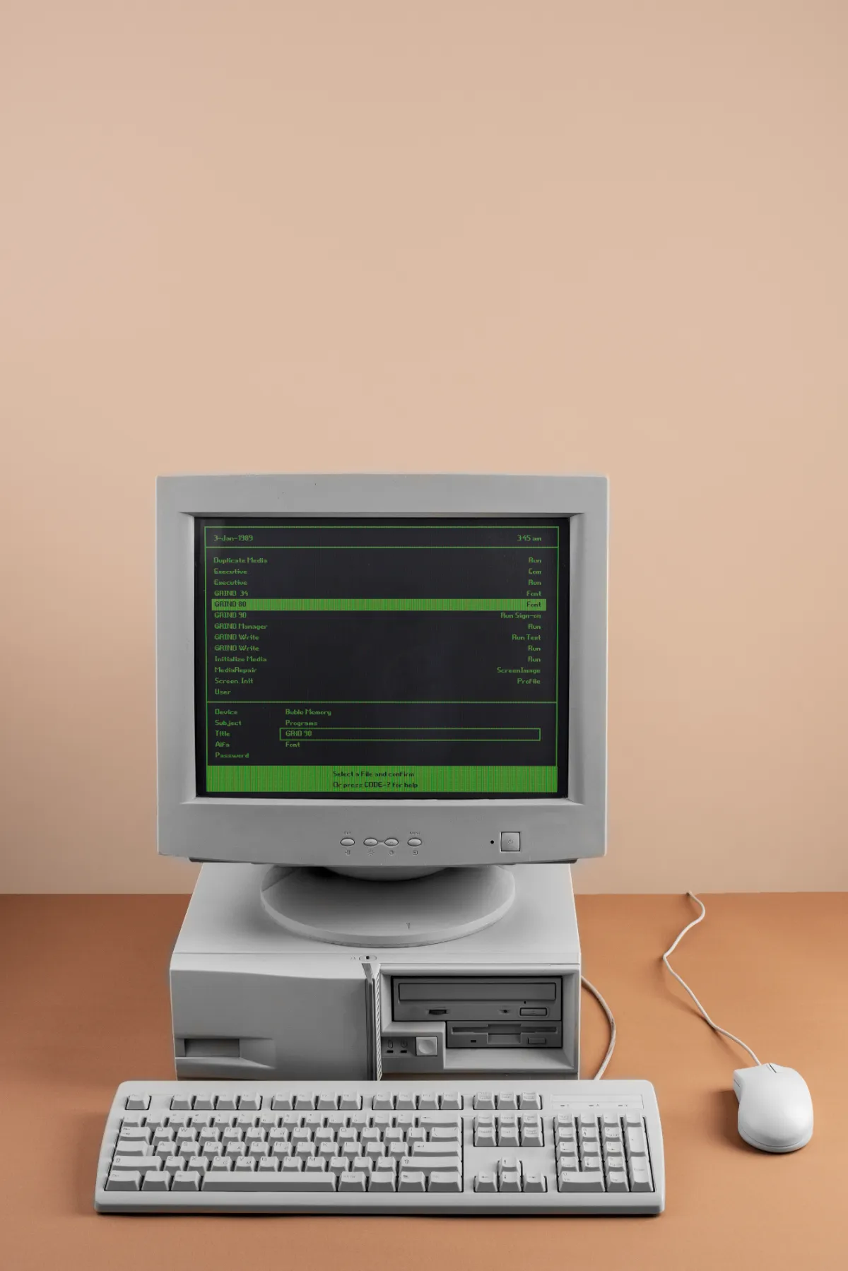 IBM Desktop Computer System - Light Gray & Black PC with Green Screen Monitor