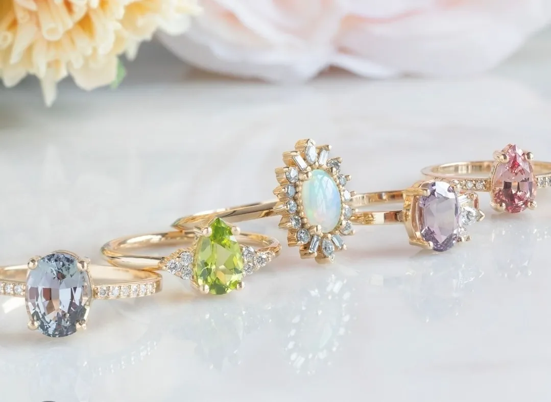 Luxury Five Gold Gemstone Rings Collection - Opal, Pink Tourmaline, Amethyst, Peridot, Gray & Diamond Accents