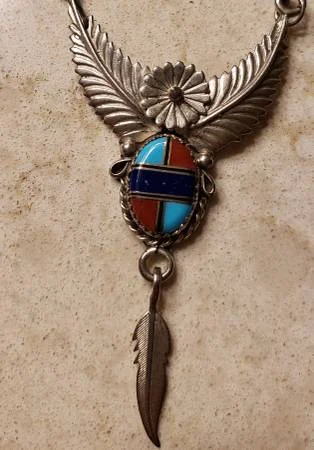 Native American-Inspired Silver-Toned Necklace with Multi-Colored Stone Inlay