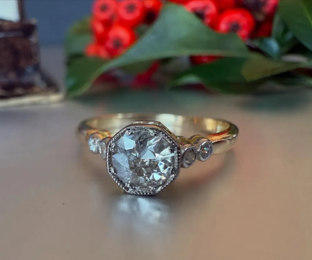 Antique Style Old Cut Diamond Octagonal Bezel Ring in Two-Tone Gold