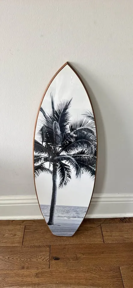Unbranded Surfboard Shaped Wall Art Palm Tree Black & White
