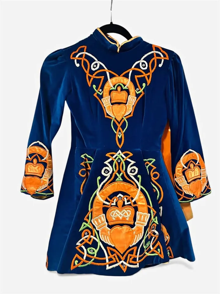 Custom Irish Dance Solo Dress Blue Velvet Claddagh Design