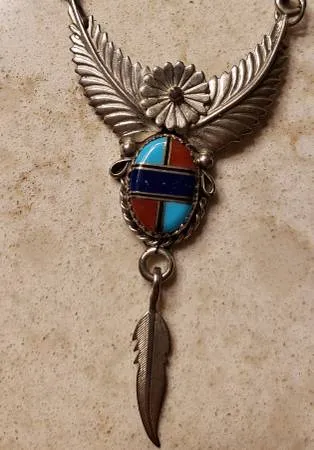Unknown Brand - Sterling Silver Feather & Inlay Pendant Necklace - One Size