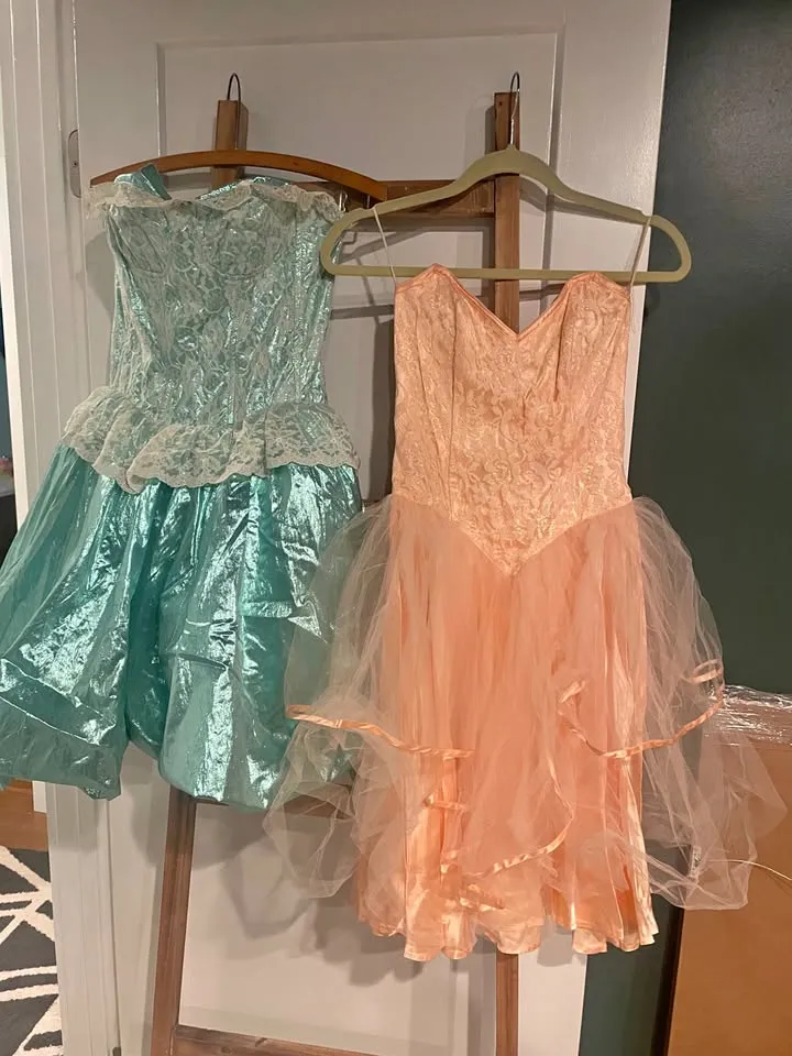 Vintage Peach and Turquoise Evening Gowns - Elegant Fashion
